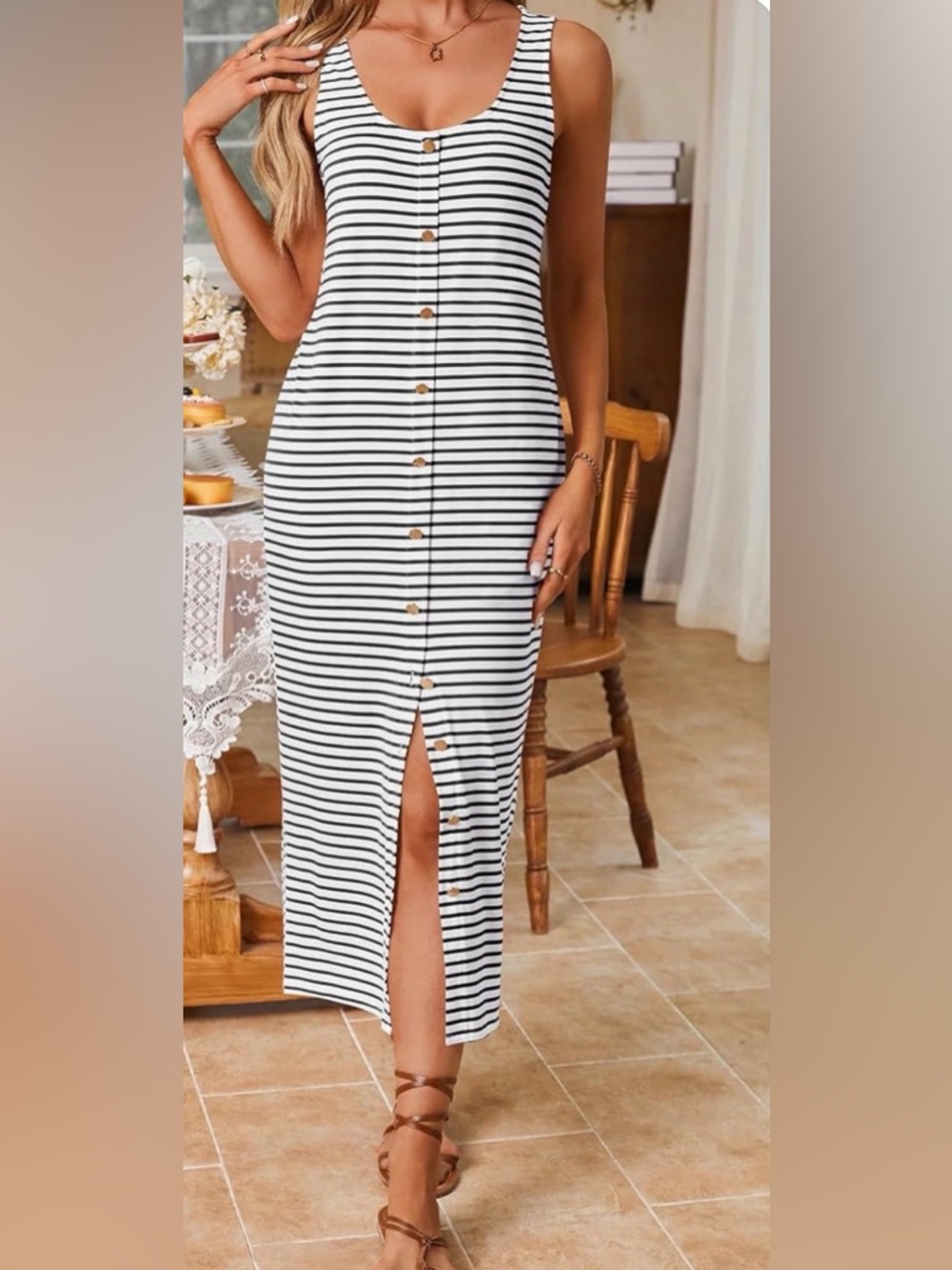 ✨ Black & White Striped Button Front Midi Dress – Size L ✨